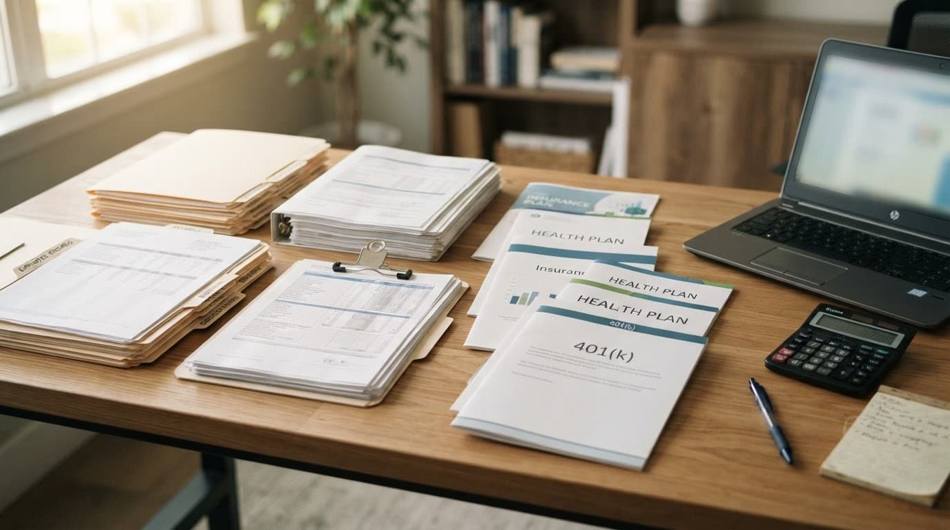 Folders, payroll reports, insurance booklets, a calculator, and laptop arranged on an office desk.