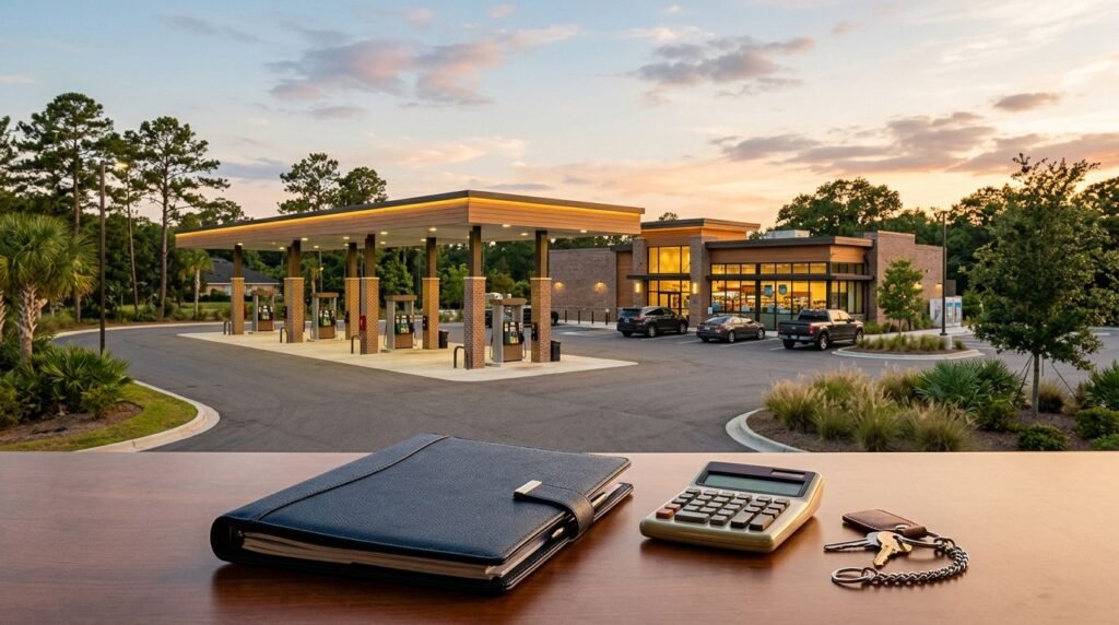 A modern gas station with fuel pumps and business documents on a desk.