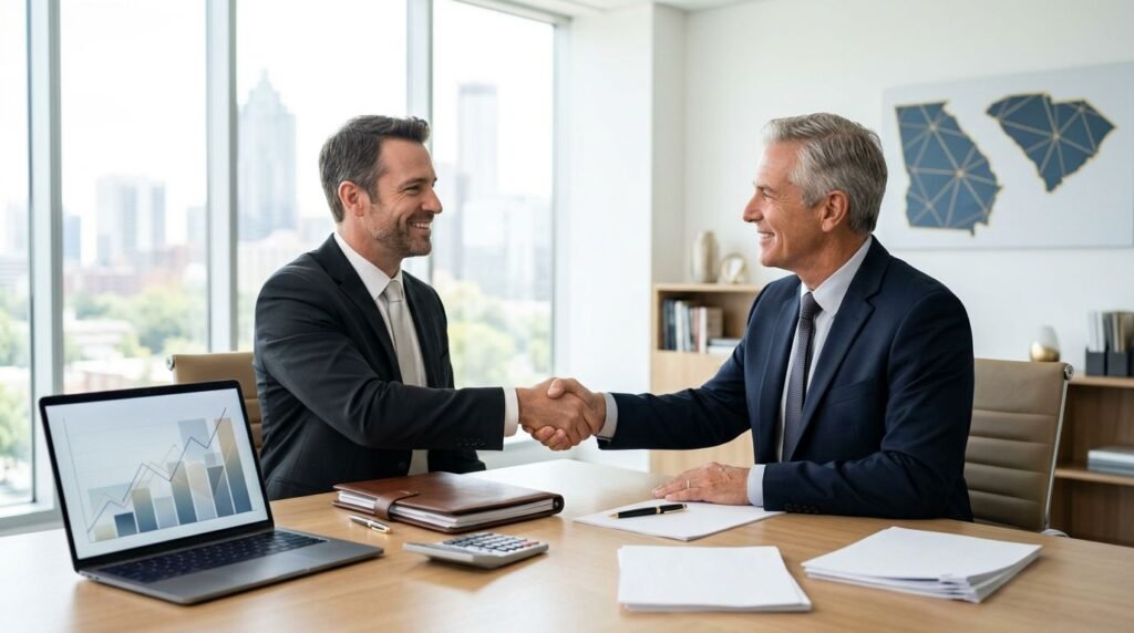 Two business professionals shake hands across a desk with accounting documents and a calculator.