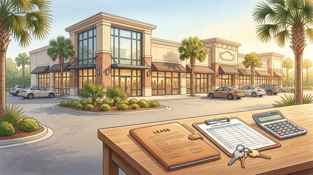 A South Carolina commercial building and a desk with property documents, keys, and a calculator.