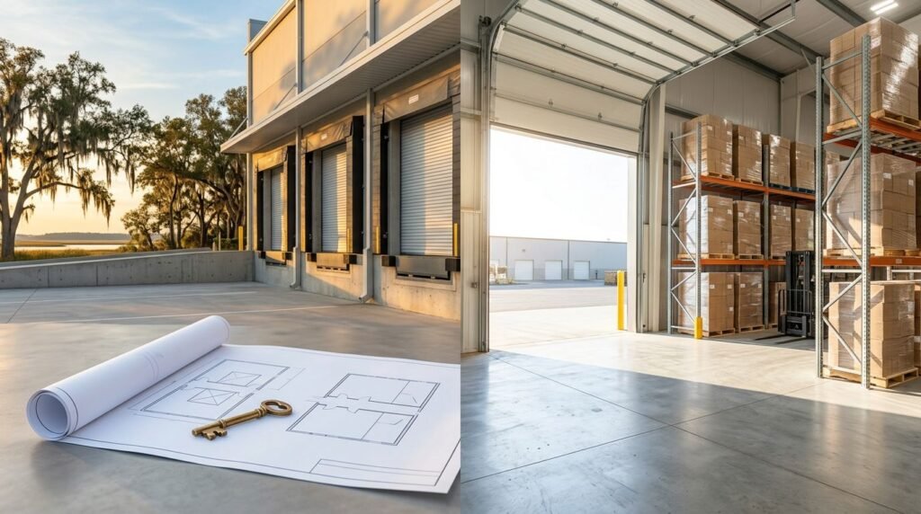 Split view of a Savannah warehouse exterior and organized interior prepared for leasing.