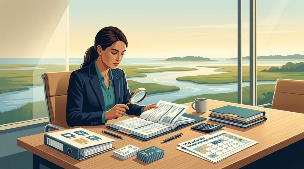 Advisor reviewing employee benefits documents beside a calculator and coastal office window.