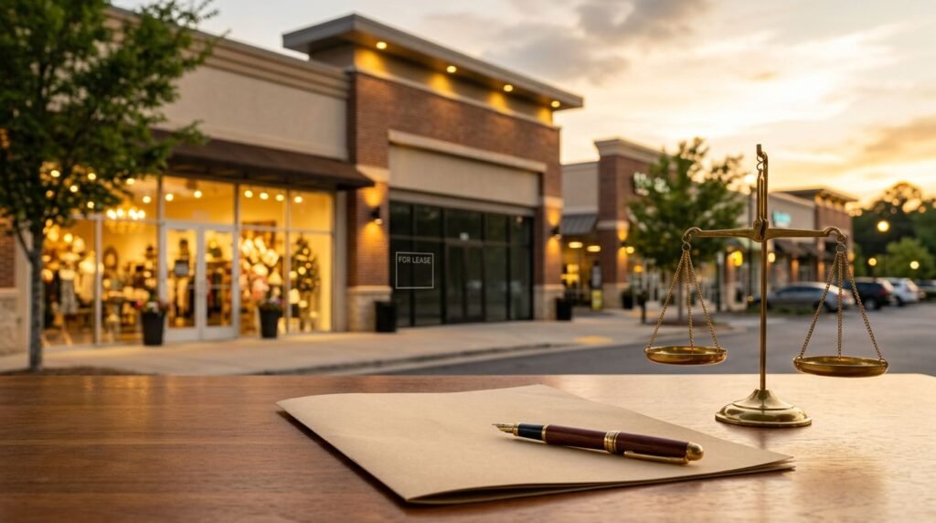 A lease document and balance scale sit before two retail storefronts.