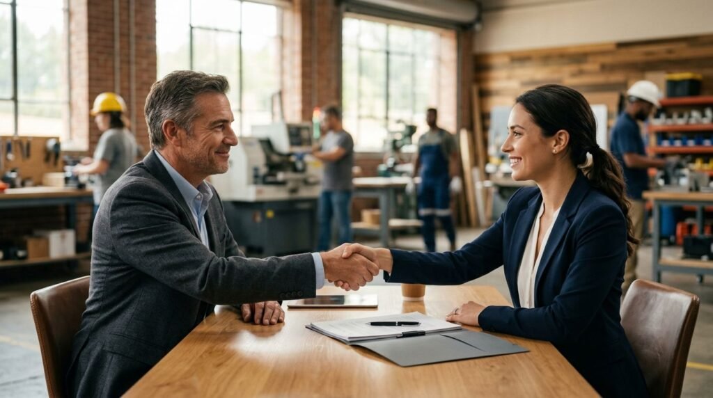 A business owner and younger successor review papers and shake hands in a workshop office.