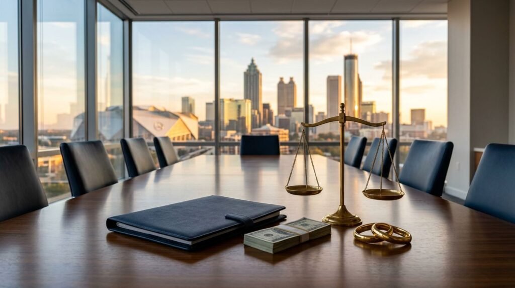 Boardroom table with a portfolio, cash, gold rings, and brass scale overlooking Atlanta.