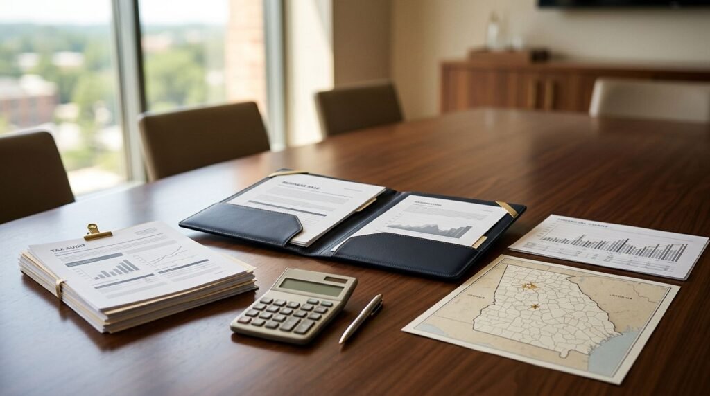 Business sale papers, a calculator, charts, and a Georgia map sit on a conference table.