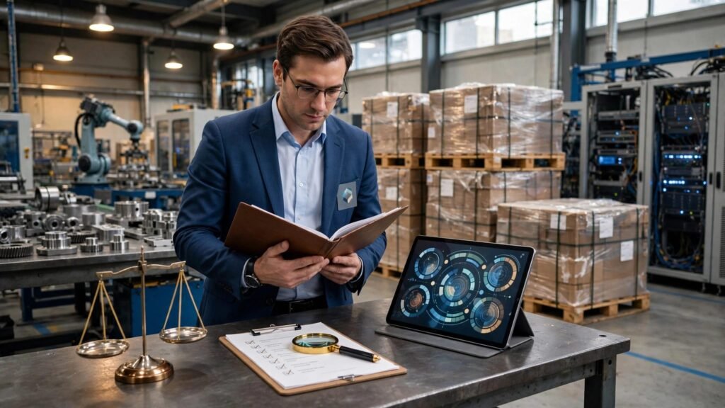 A manager reviews supplier documents beside a risk-monitoring tablet in a manufacturing plant.