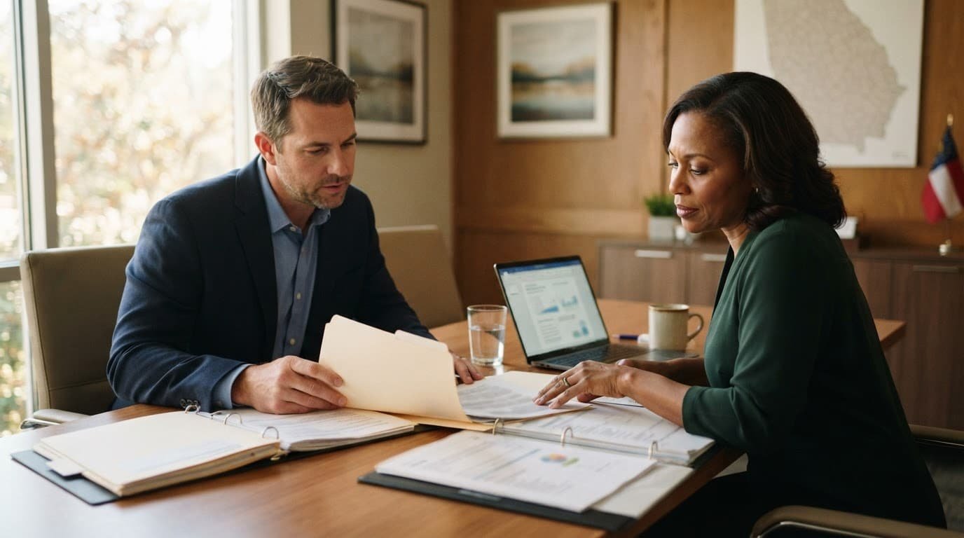 A buyer and advisor review benefits folders across a conference table.
