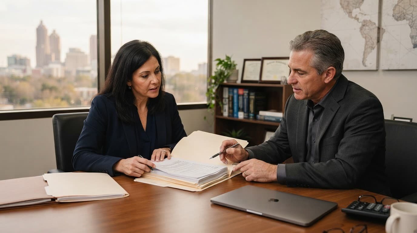 A business owner and advisor review audit folders at an office table.