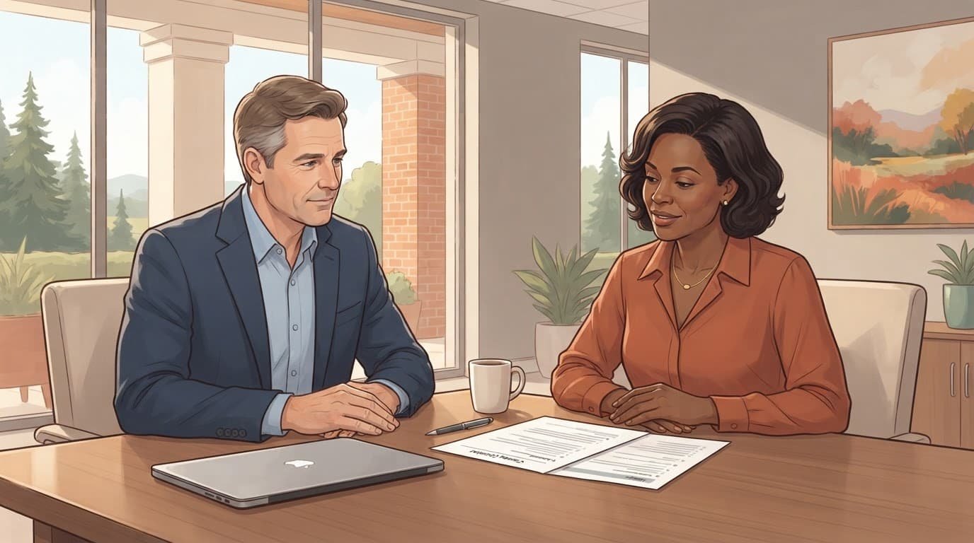 Two people review papers beside a closed laptop at a conference table.
