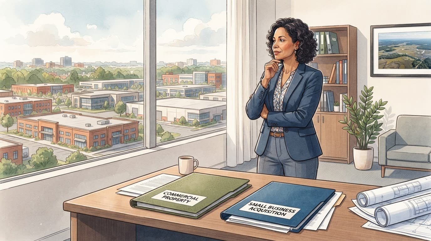 A business owner considers two folders beside an office window overlooking commercial buildings.