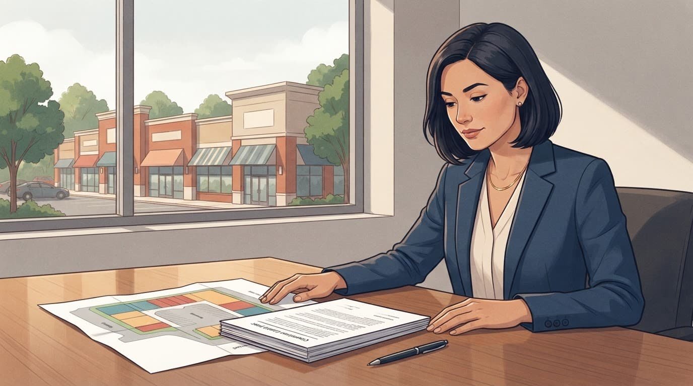 Advisor reviewing a retail lease beside a shopping center site plan.