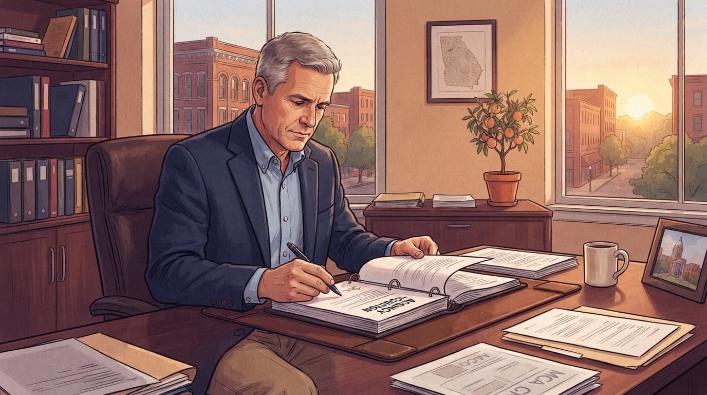 A professional signs paperwork at a sunlit office desk in Macon.