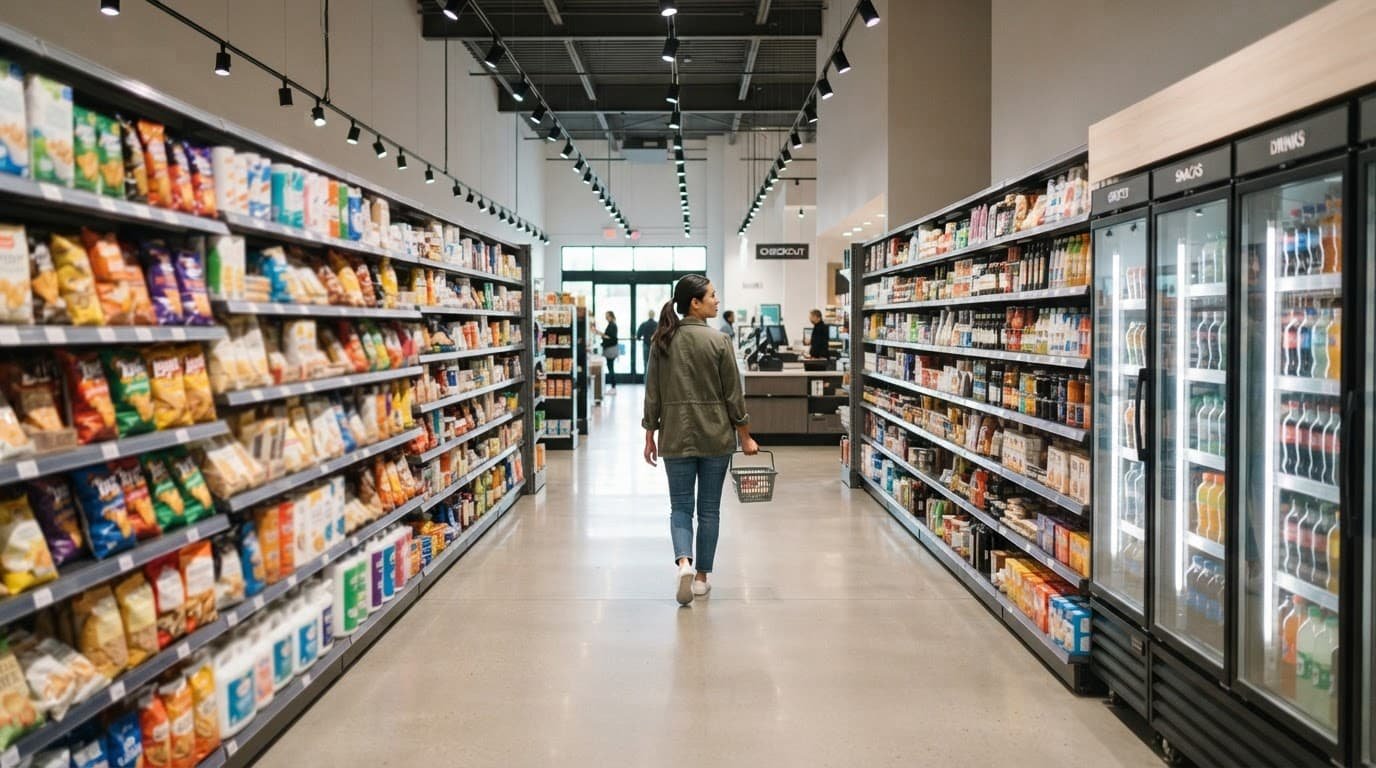 A shopper walks through a bright convenience store aisle lined with clean grocery and beverage shelves.