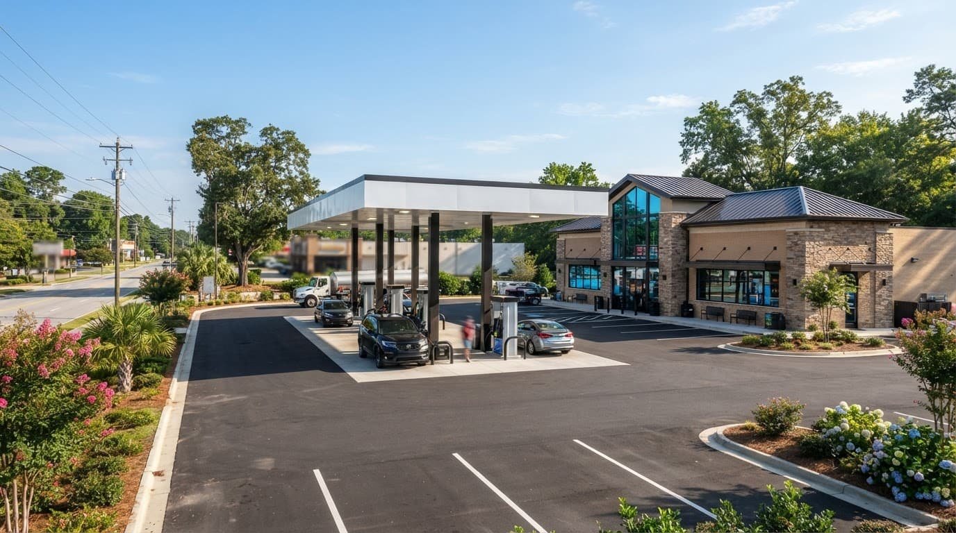 Modern fuel station with a broad canopy and clean asphalt in bright sunlight.