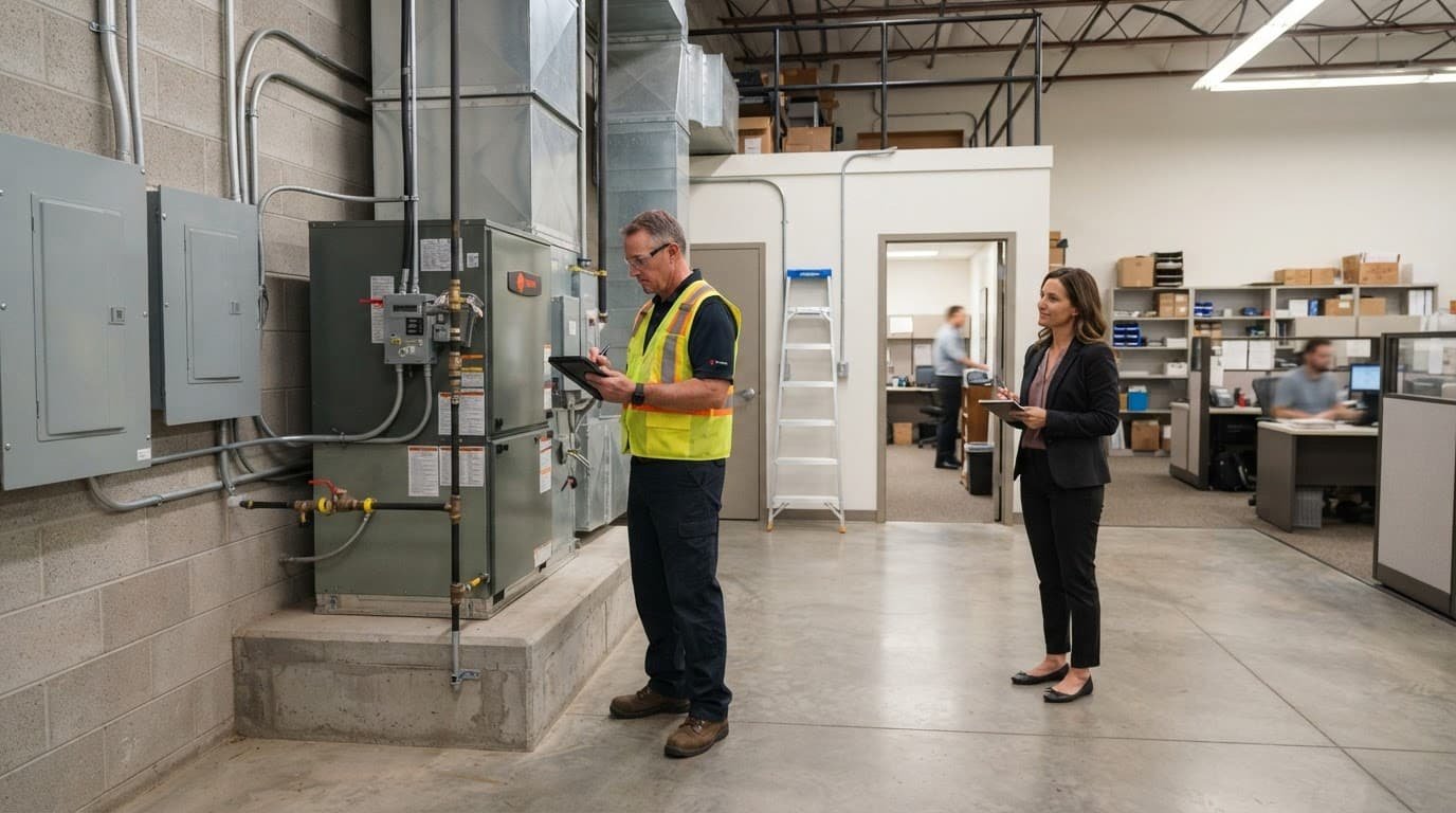 An inspector examines building equipment while a buyer watches from nearby.