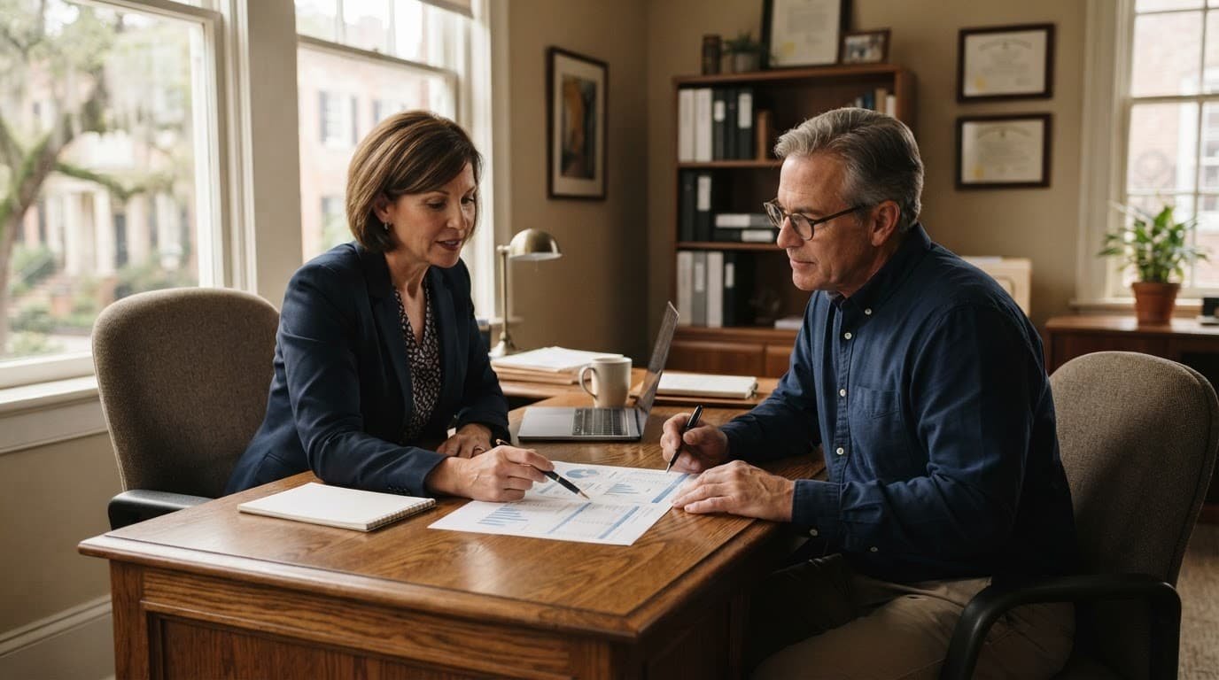 A broker and business owner review financial papers across a wooden desk.