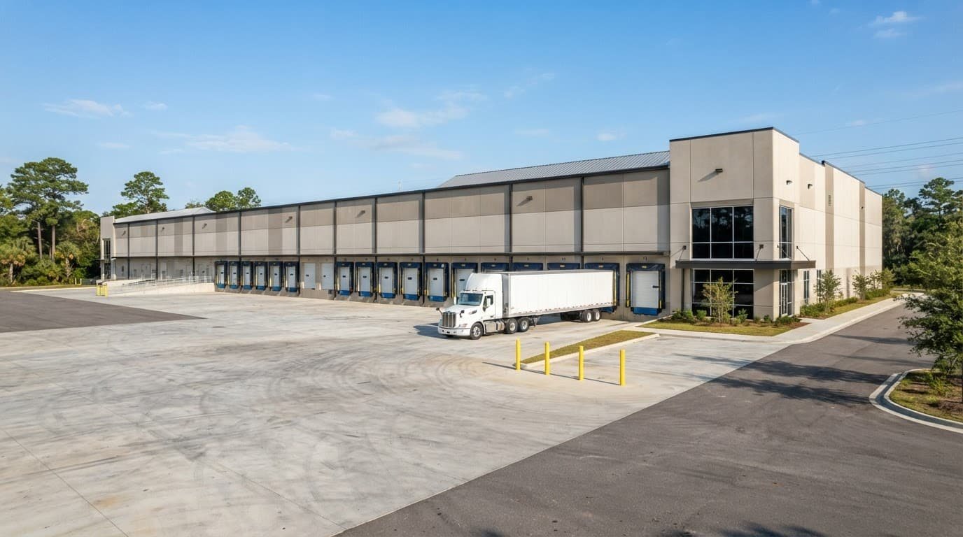 A sunny warehouse exterior with loading docks and a parked semi truck.