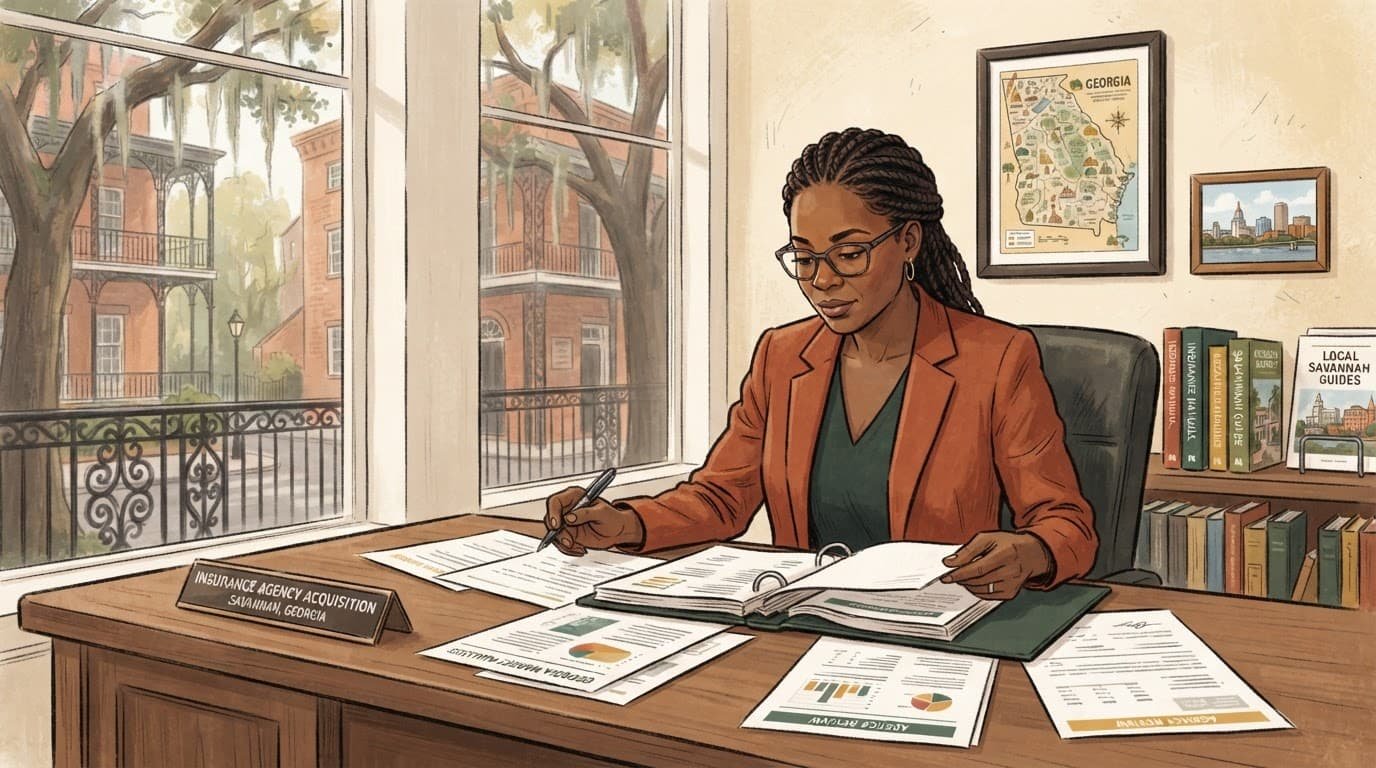 An insurance professional reviews papers at a sunny Savannah office desk.