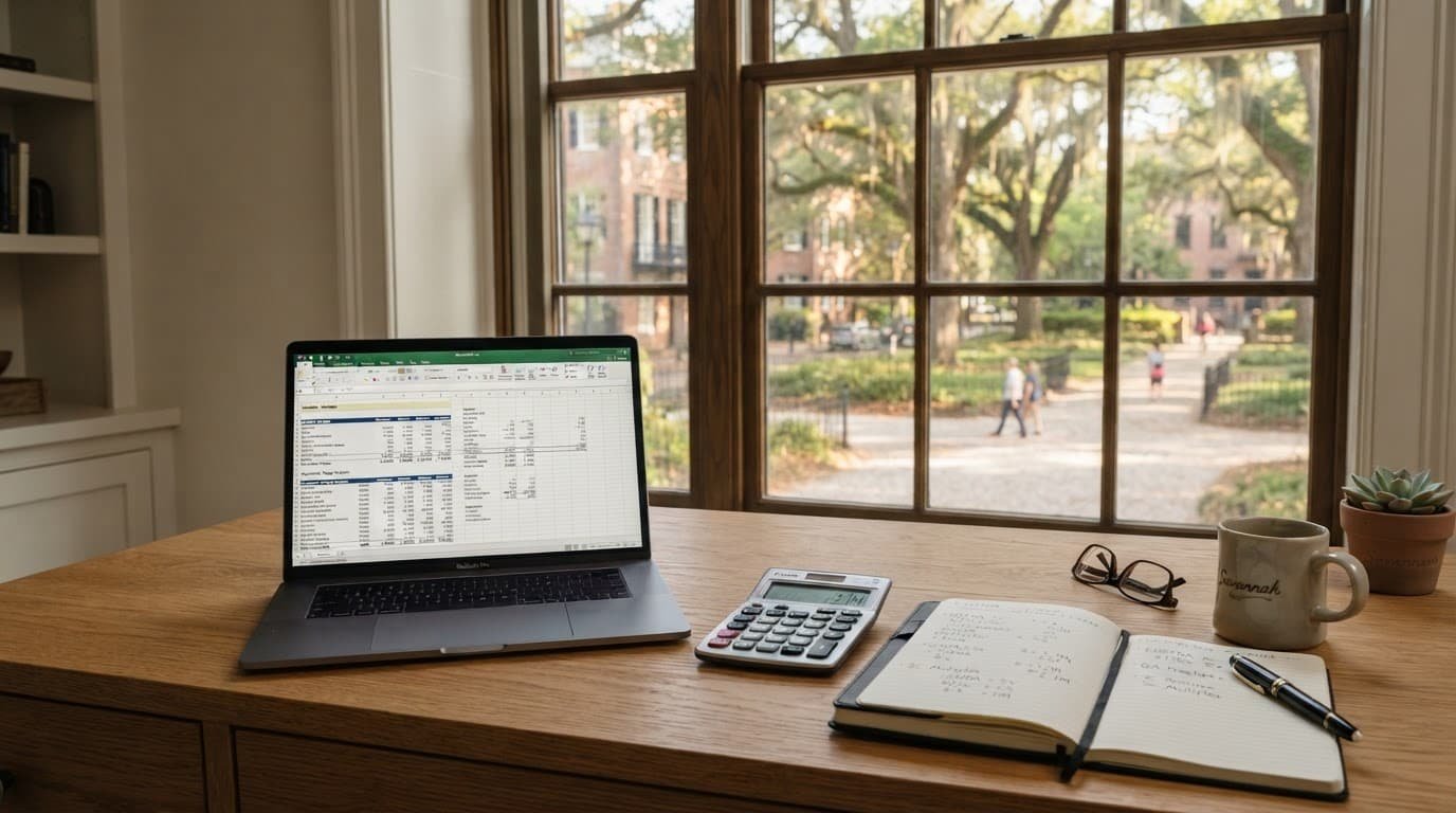 Spreadsheets and a calculator sit on a wooden desk overlooking a historic Savannah square.