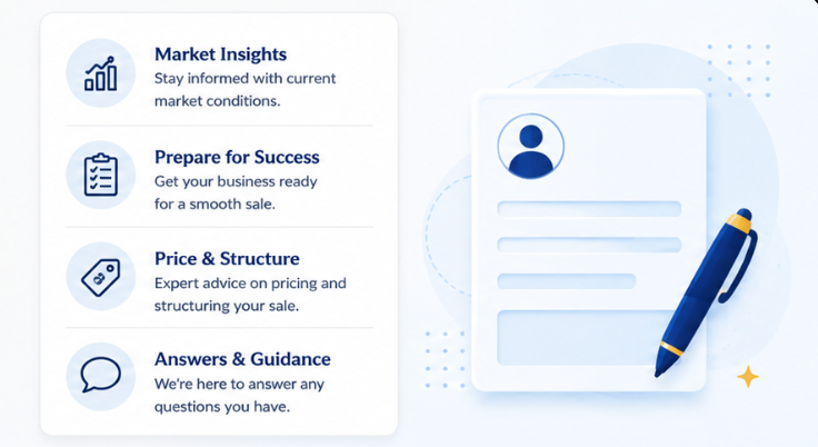 Left panel lists four services with icons: Market Insights, Prepare for Success, Price & Structure, Answers & Guidance; right shows a profile form with a pen.