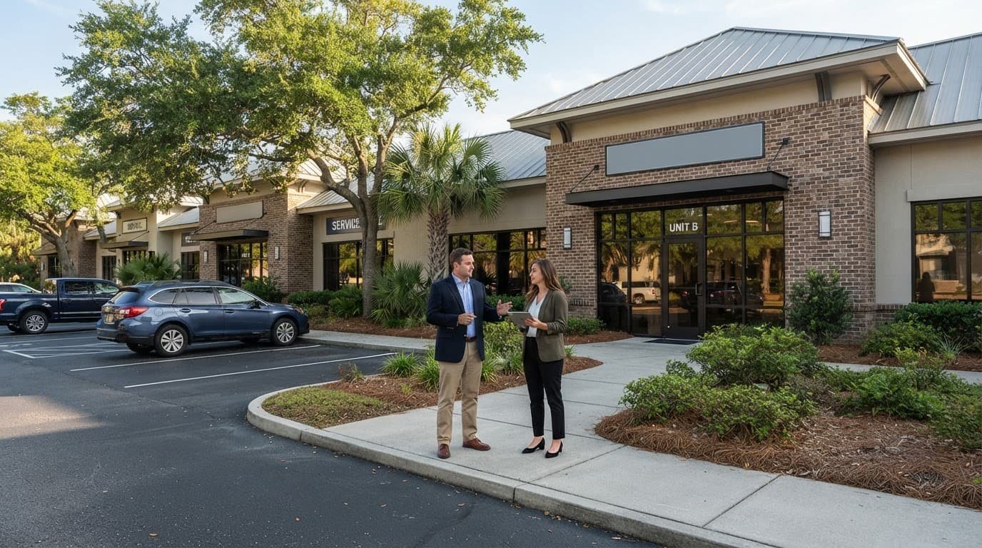 A buyer and broker inspect a landscaped commercial property.