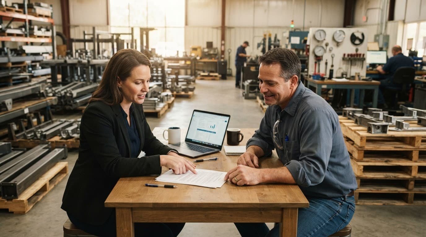 Two professionals review a contract beside a laptop inside a manufacturing facility.