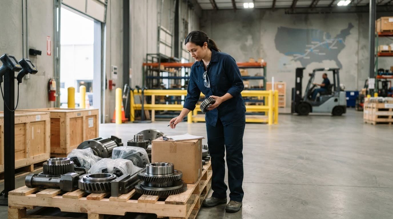 Manager checking industrial parts beside organized shipping crates in a warehouse.