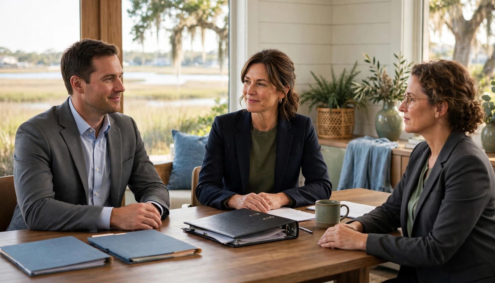 Buyer and seller meet with an escrow professional at a table with folders and a closed binder.