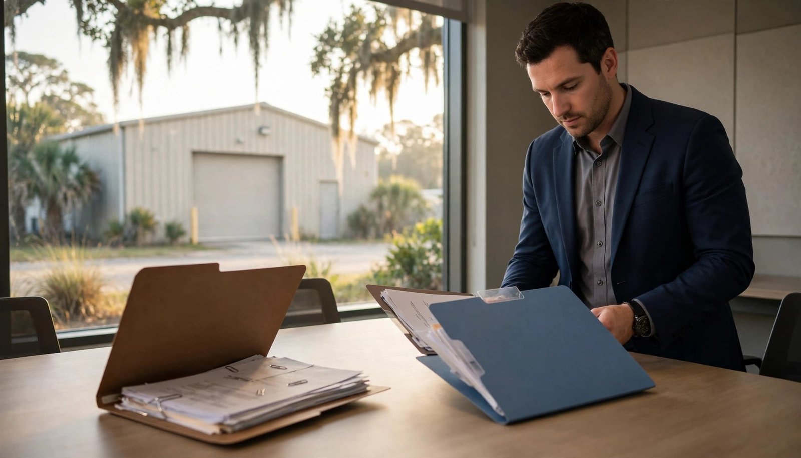 A buyer compares two folders beside a table overlooking an industrial storefront.