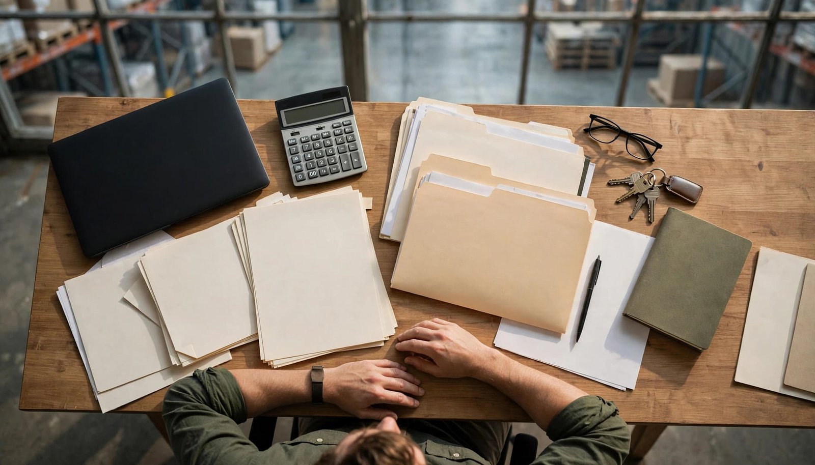 Business owner organizing sale documents with a calculator, folder, keys, and laptop.