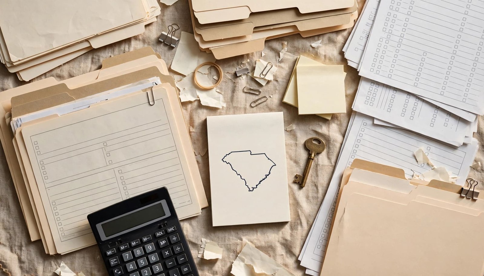Calculator, tax forms, folder tabs, and a key arranged around a South Carolina outline.
