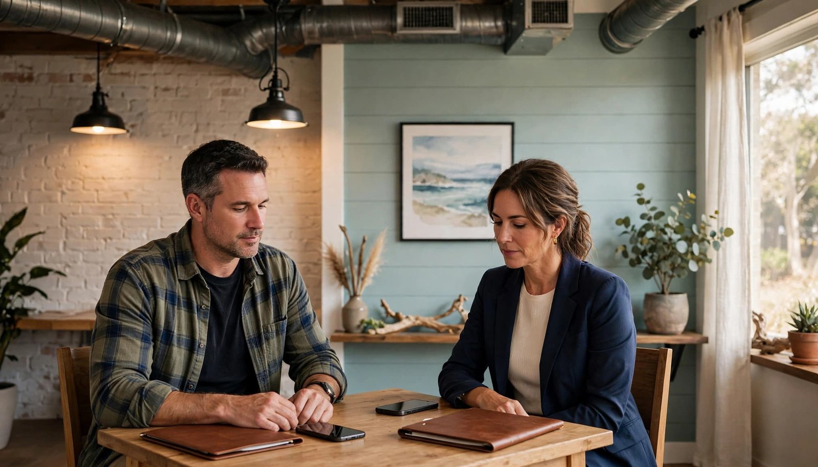 A business owner and broker discuss a confidential sale plan across a small table.