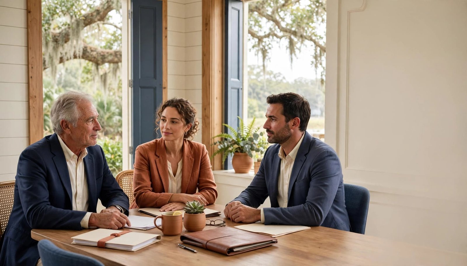 An older owner and two family members meet with an advisor in a bright conference room.