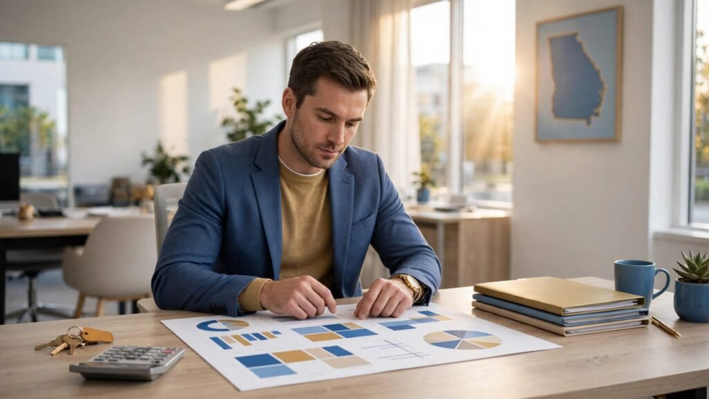 Business buyer reviewing a planning board with keys and folders in a sunny Georgia office.