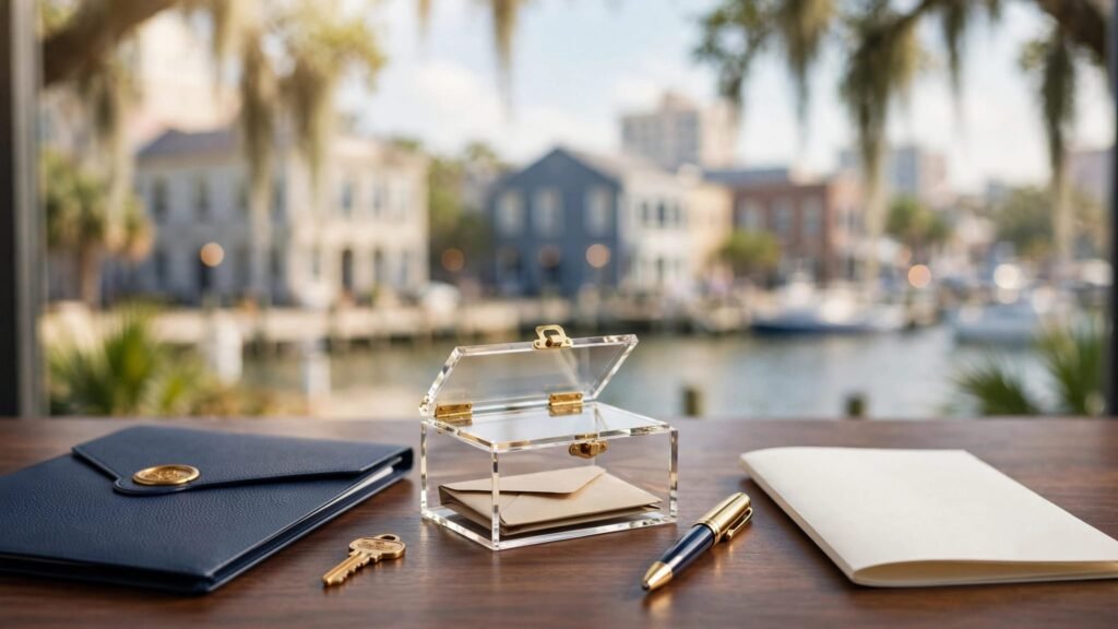 Escrow documents, a brass key, and deposit envelope arranged on a dark conference table.