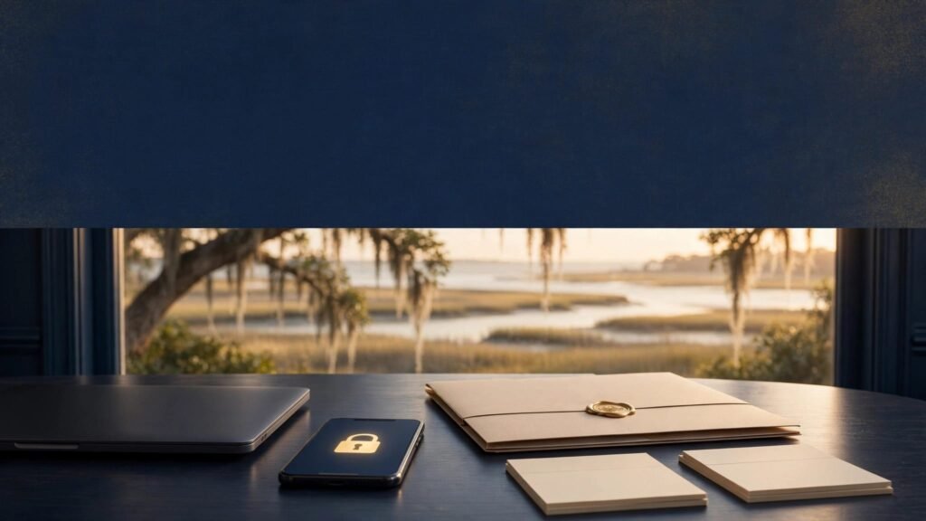 A conference table with a laptop, locked phone, sealed folder, and notes by a sunlit window.