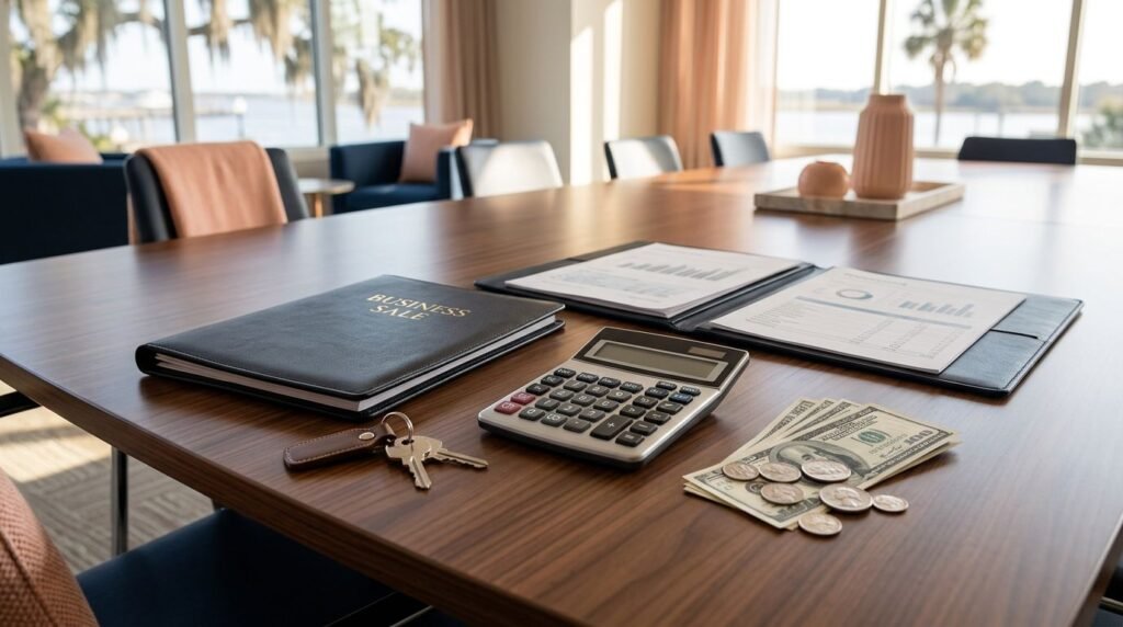 A calculator, sale folder, financial papers, keys, cash, and coins on a conference table.