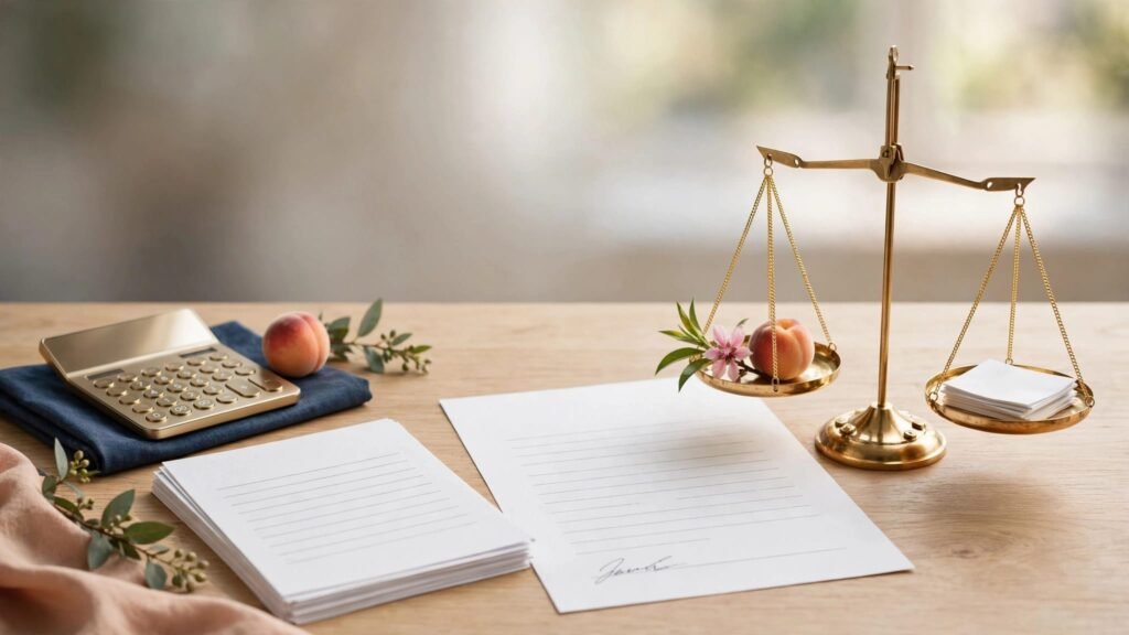 Business sale papers, a calculator, and balance scale on a warmly lit desk.