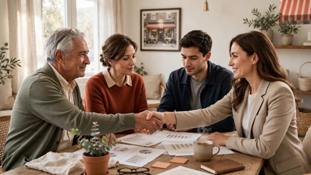 Family business owners review documents with an advisor at a bright table.