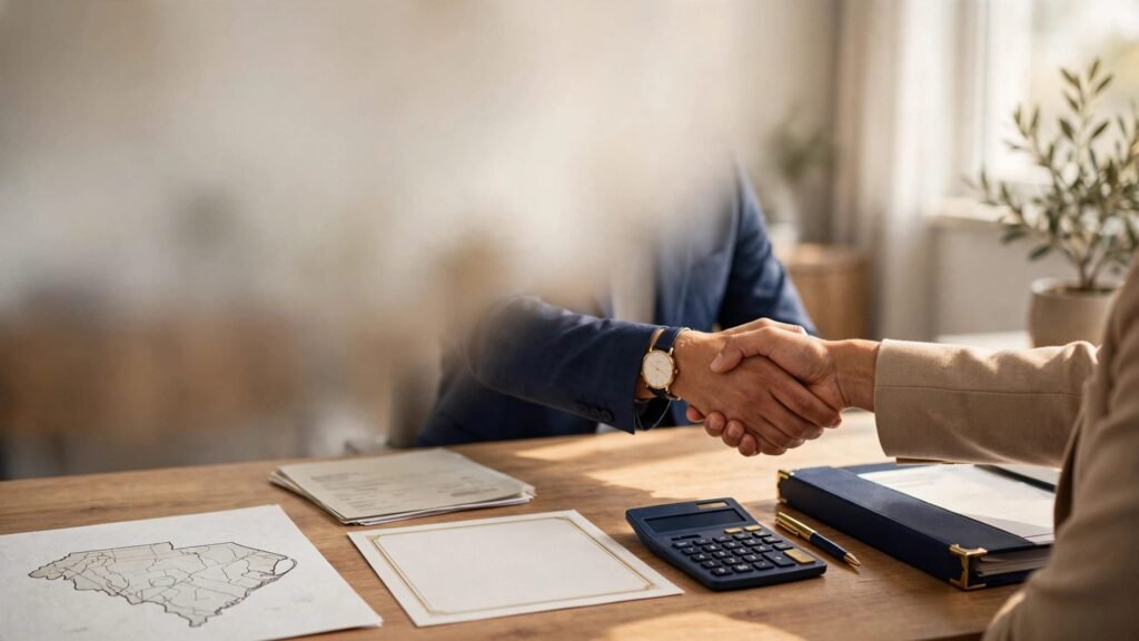 A tidy desk displays a South Carolina map, documents, and a handshake.