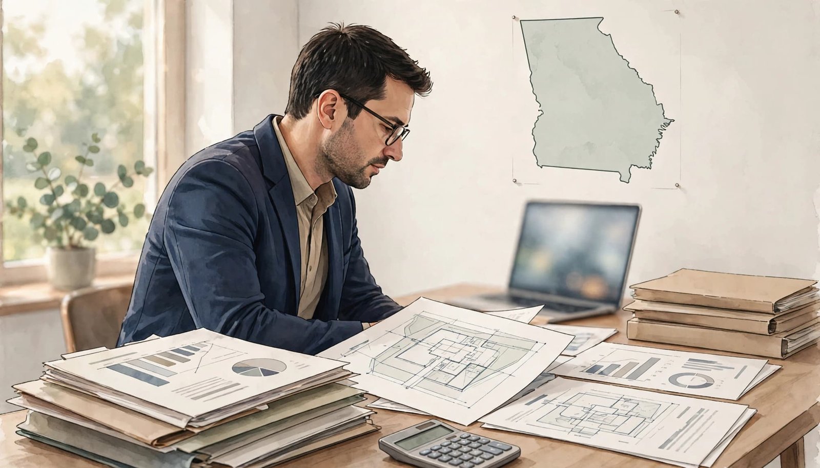 A buyer reviews business and property documents beside a laptop in a Georgia-themed office.