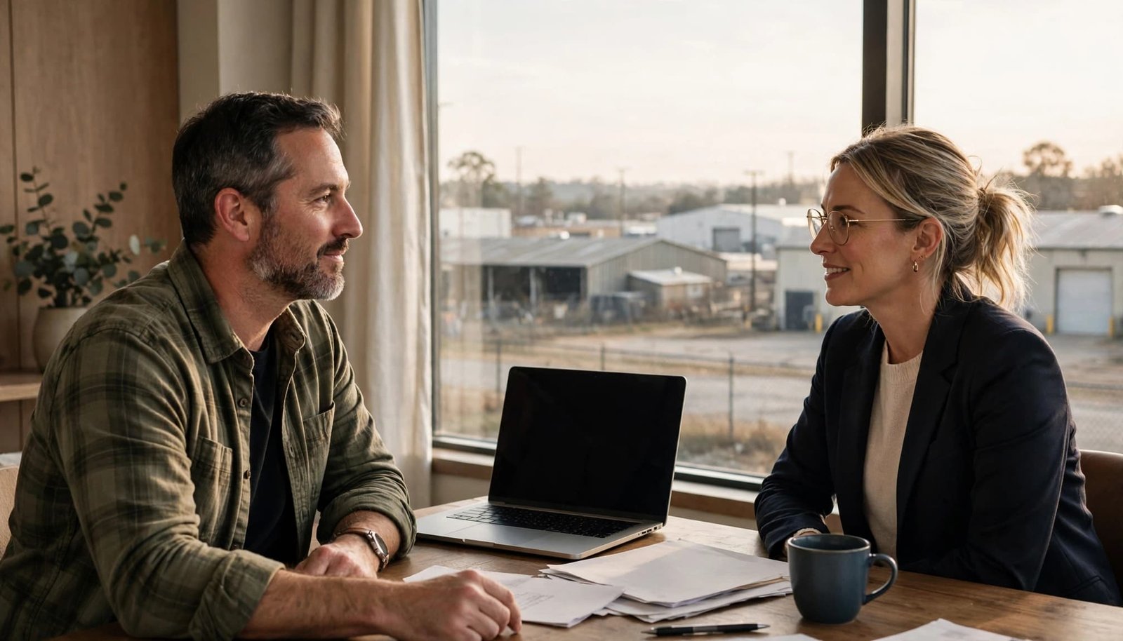 A business owner and advisor review documents beside a laptop in an office overlooking a warehouse.