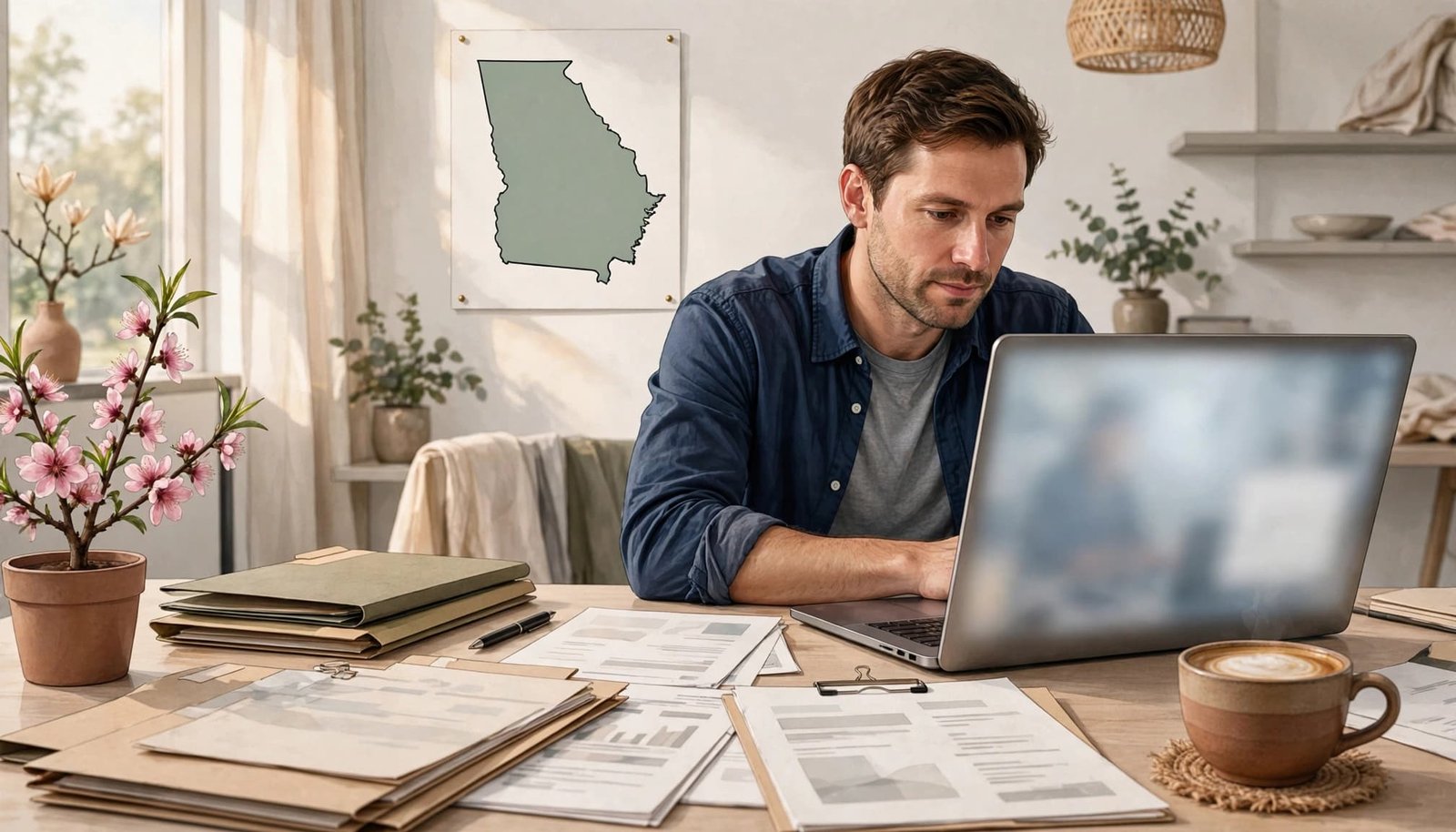 A Georgia business owner reviews records on a laptop beside folders and coffee.