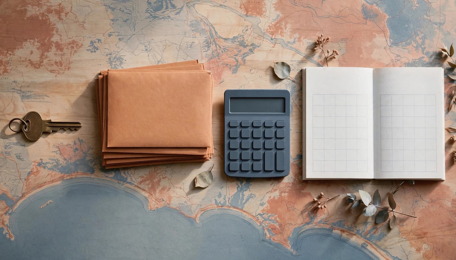 A storefront key, payment envelopes, calculator, and blank calendar arranged on a wooden table.