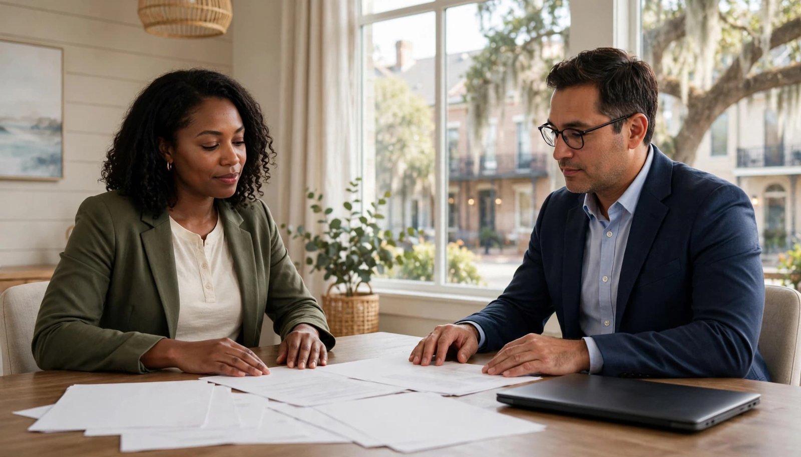 A business owner and advisor review papers across a conference table.