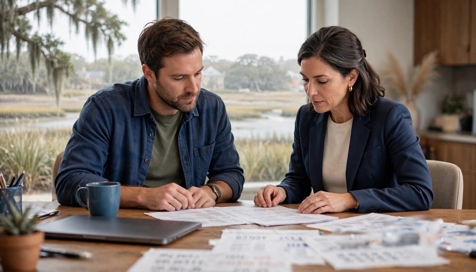 A business owner and financial advisor review sale proceeds papers in a bright Savannah office.