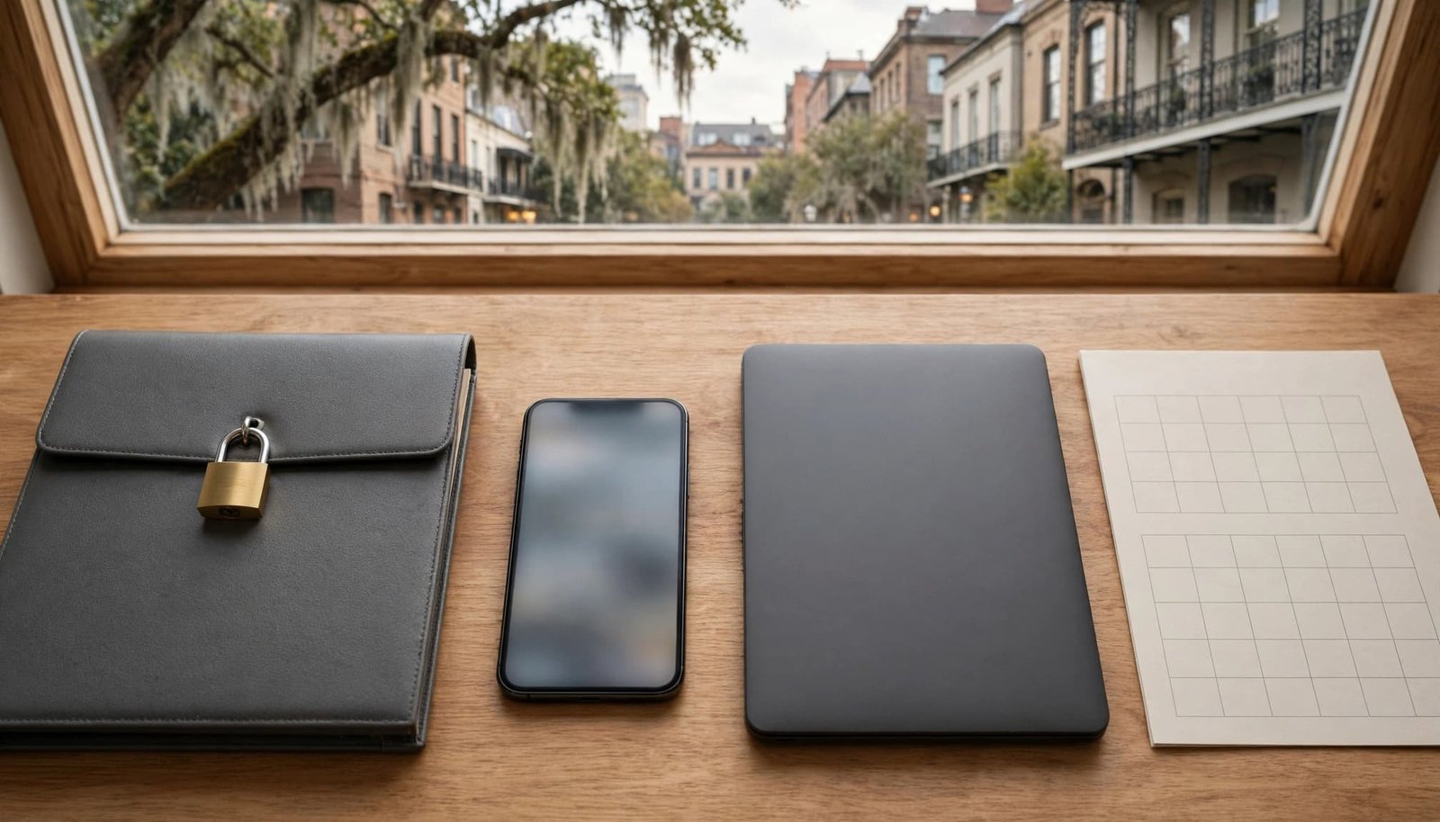 Locked folder, blurred smartphone, closed laptop, and paper calendar in a private office.