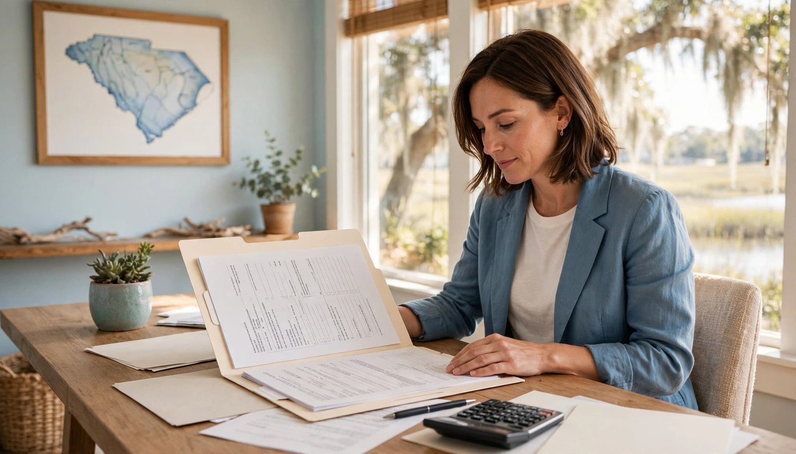 Seller reviews tax documents and a calculator at an office table.