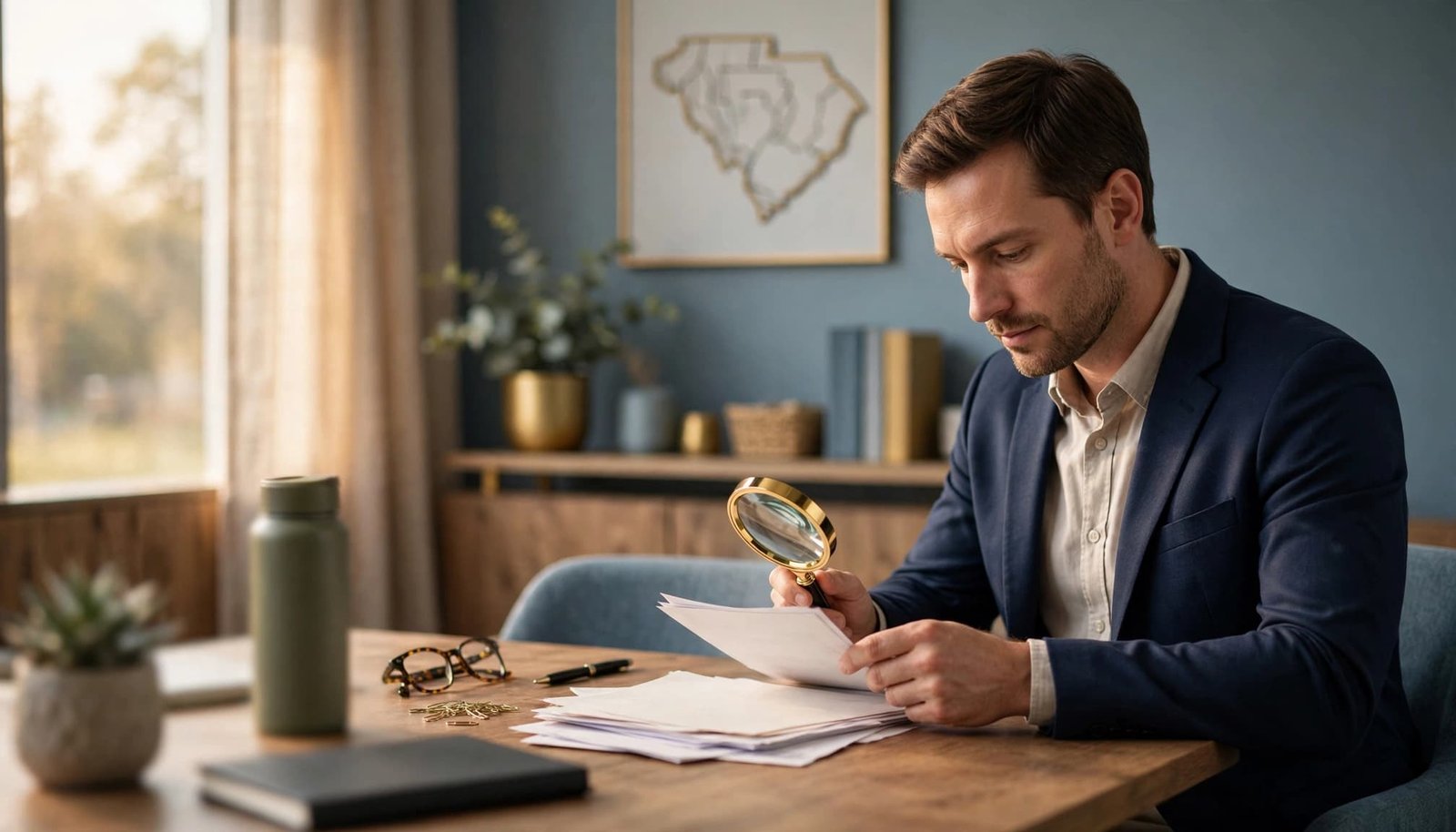A buyer reviews business records with a magnifying glass in a bright office.